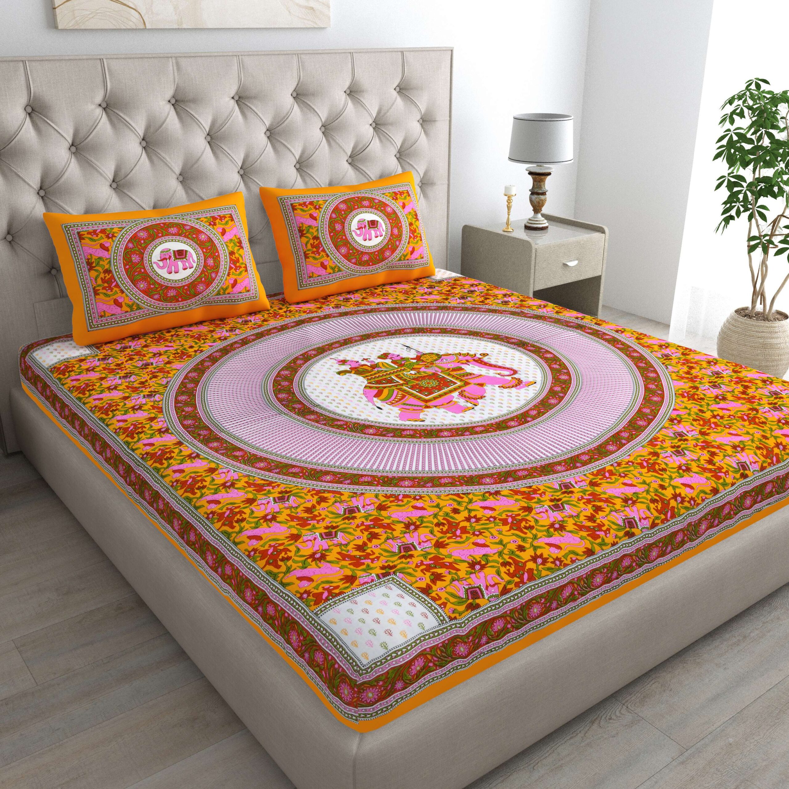 Rajasthani Jaipuri Traditional Double Bed Bedsheet with two pillow covers