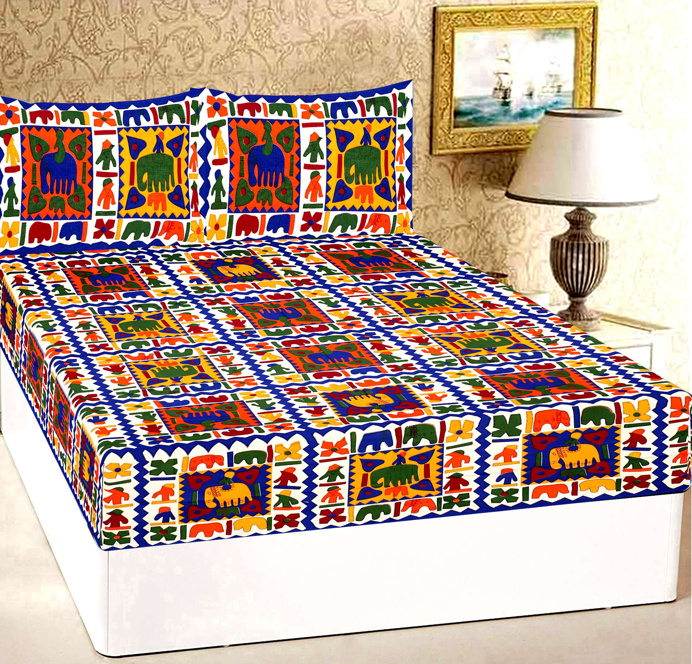 100% Pure Cotton Traditional Printed Bedsheet for Double Bed King Size Bedsheet with 2 Pillow Covers