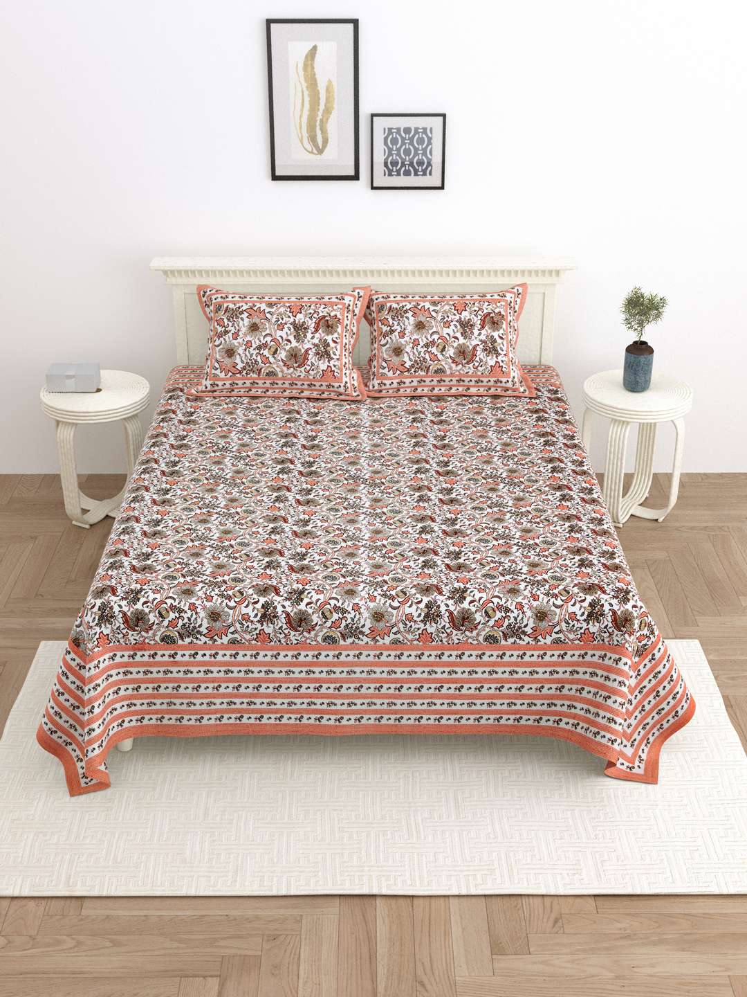 100% Pure Cotton Traditional Printed Bedsheet for Double Bed King Size Bedsheet with 2 Pillow Covers