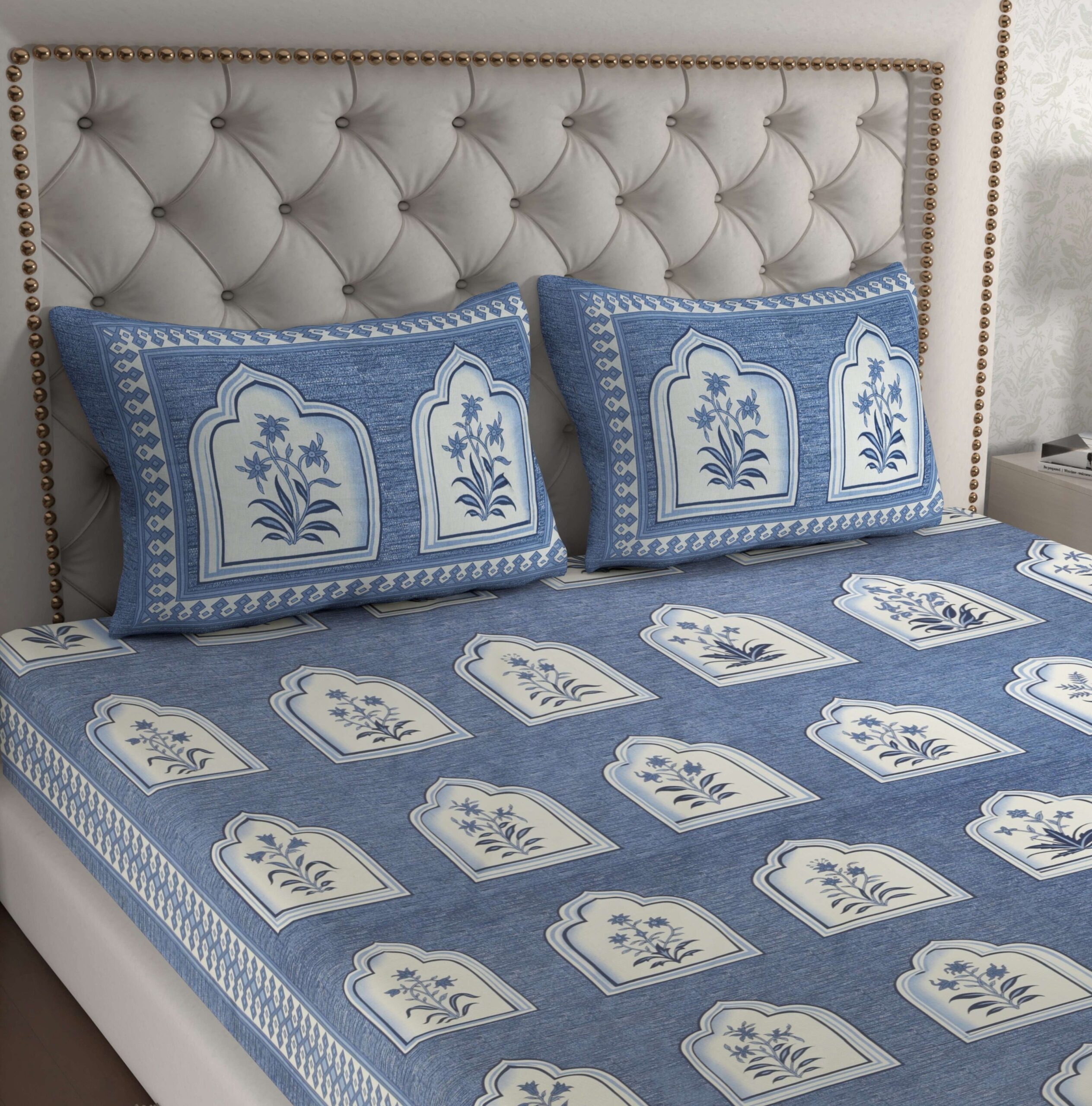 Royal Blue Jaipuri-Style Floral Printed Double Bedsheet With Two Matching Pillow Covers - Image 3