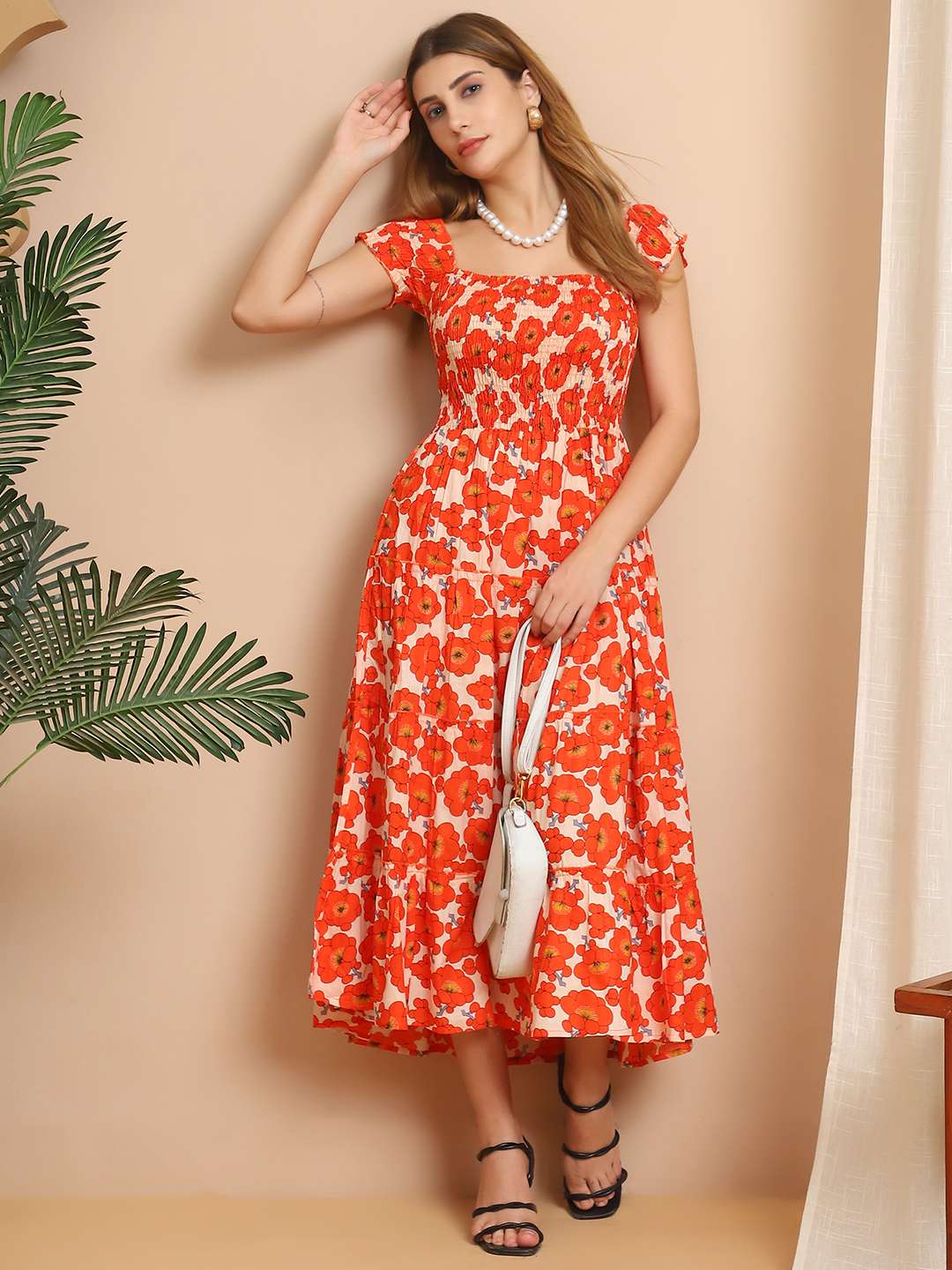 Women’s Viscos Rayon Printed Off Shoulder Midi Dress For Summer And Casual Wear (Orange Floral) - Image 3