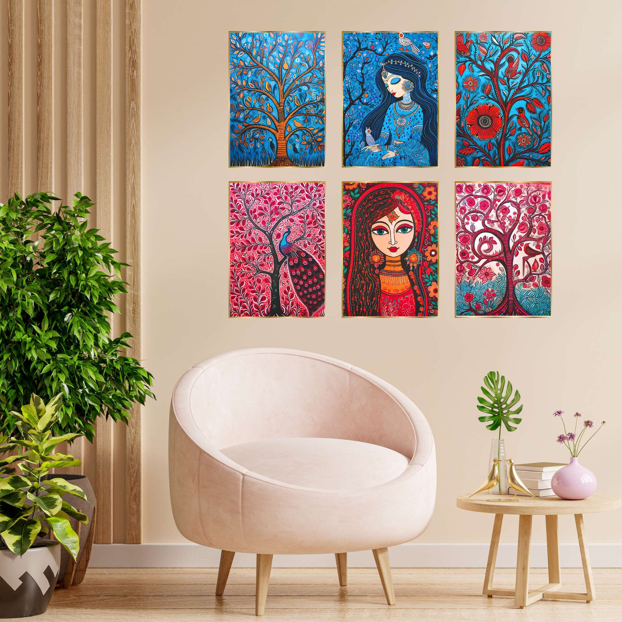 Set of Six Wall Paintings for Wall Dacoration Golden Framed Wall Paintings for Living Room & Bedroom Wall Art for Home Decora