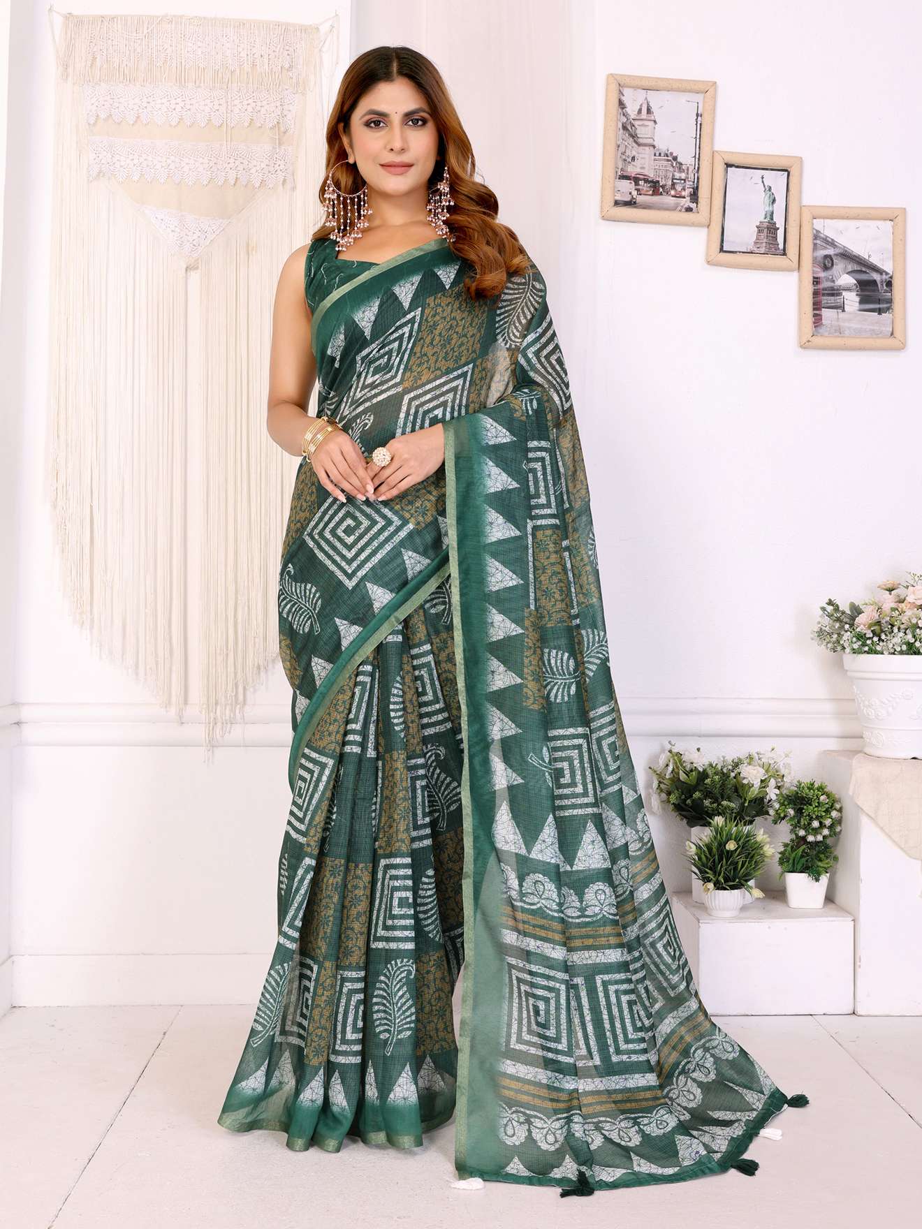 Stylish Bottle Green Chanderi Saree with Bold Geometric Digital Print ? Trendy & Elegant - Image 6