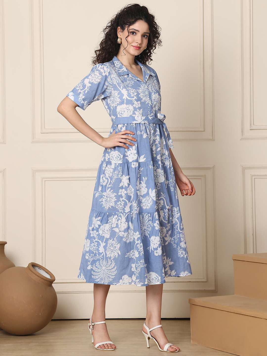 Women’s Cotton Printed A-Line Midi Dress | Short Sleeve Flared Gown Dress (Sky Blue)