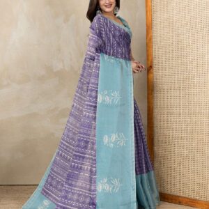 Elegant Teal Green and Mauve Pink Linen Saree with Geometric and Floral Prints