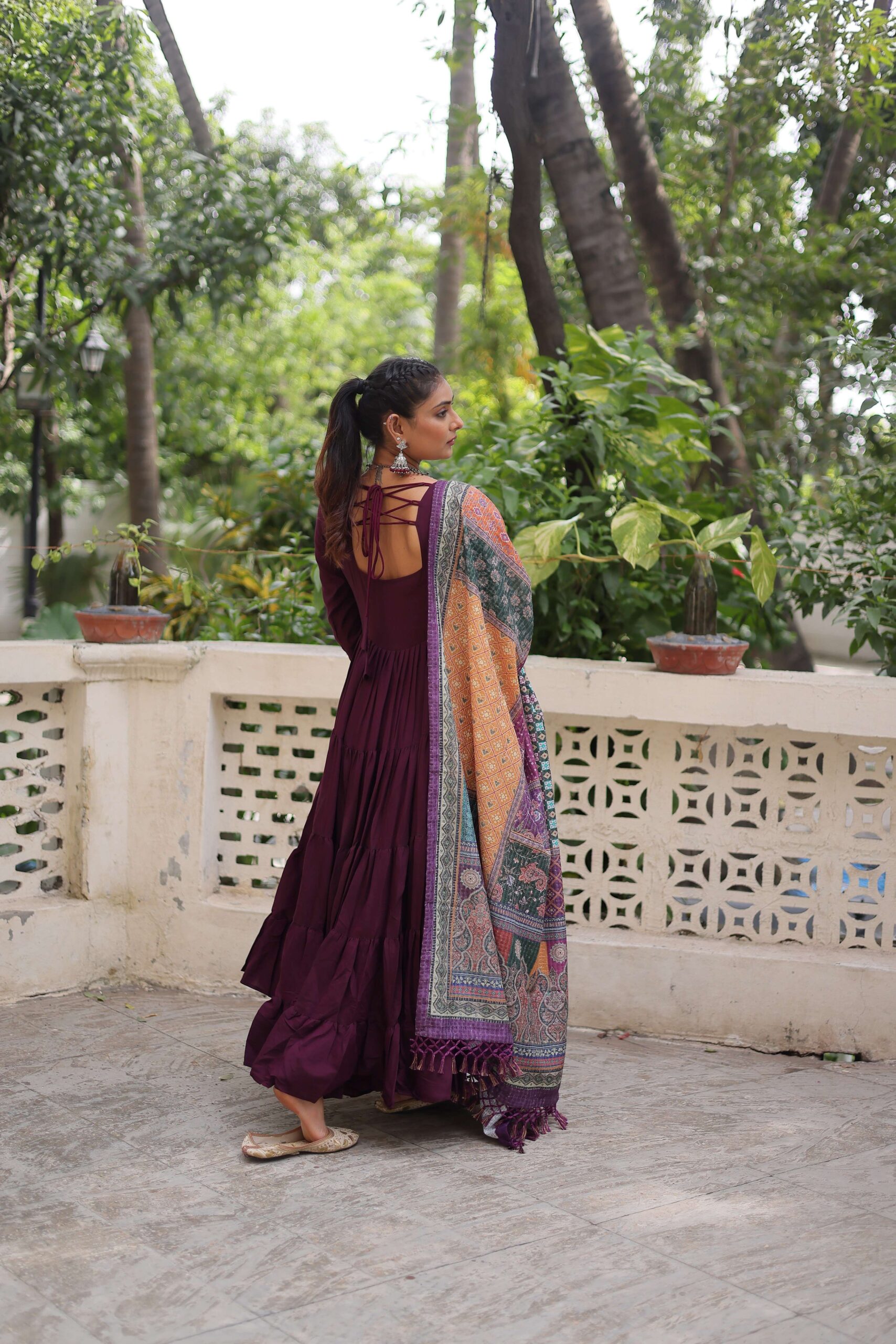 Wine Gown with Dupatta ? Frill Stitching & Mirror Lace Work Ethnic Set for Women - Image 6