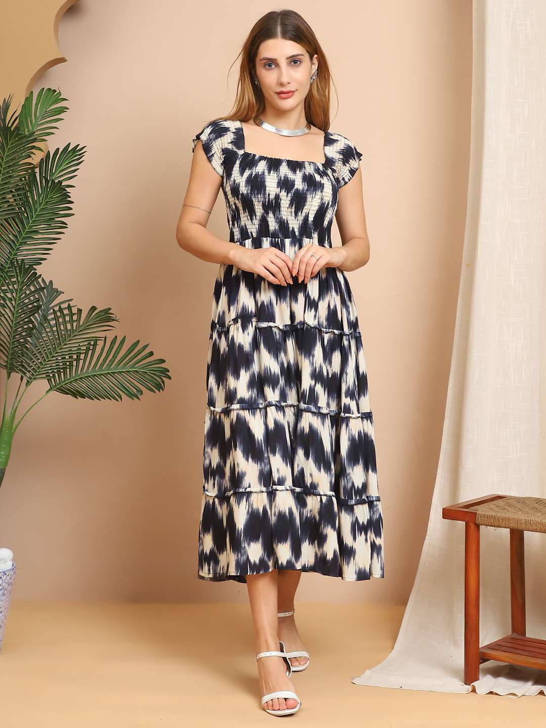 Women’s Viscos Rayon Printed Off Shoulder Midi Dress For Summer And Casual Wear (Blue Cream)