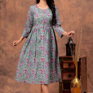 Grey & Pink Floral Printed Cotton Midi Dress with Button-Down Front