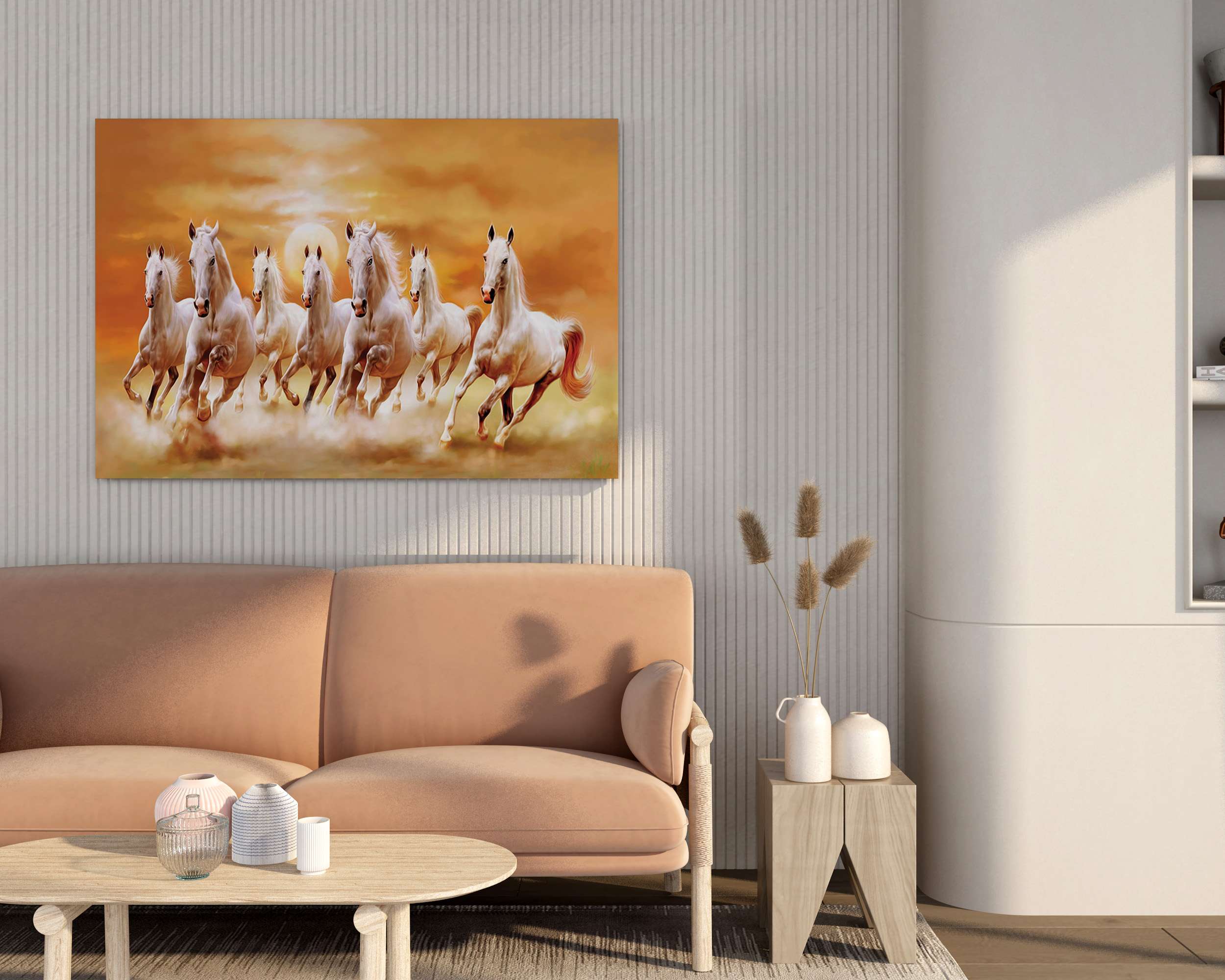Running Horses Canvas Wall Painting with Frame – Size 34×22, Design 4