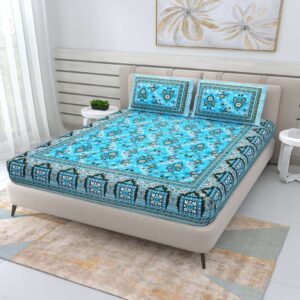 100% Pure Cotton Traditional Printed Bedsheet for Double Bed King Size Bedsheet with 2 Pillow Covers