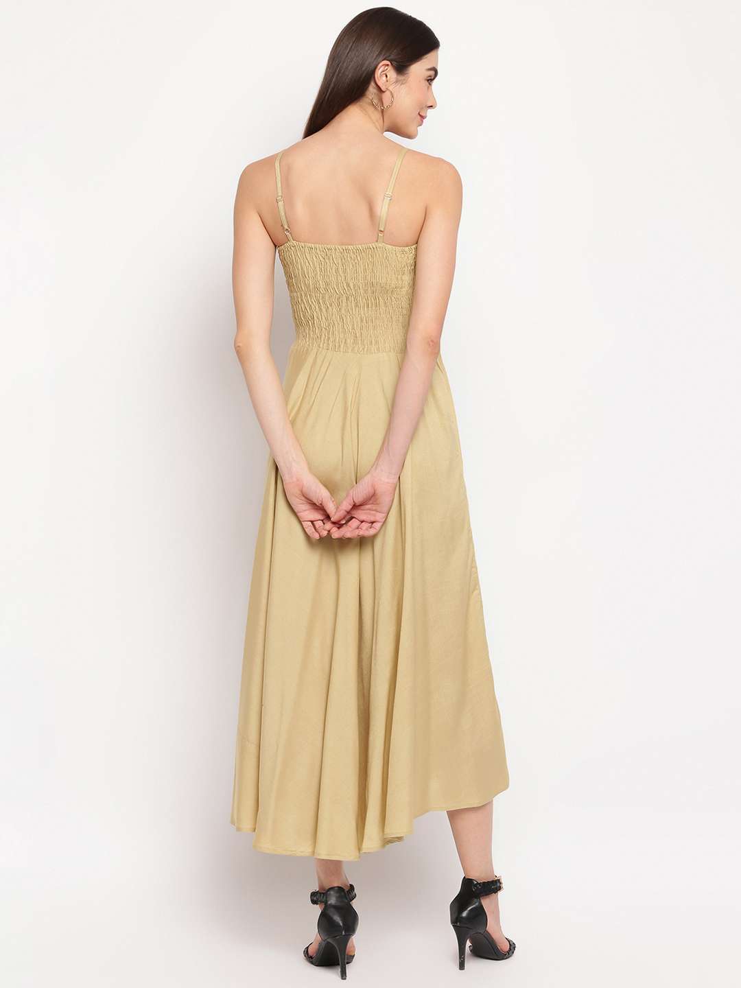 Women’s Viscose Rayon Solid Shoulder Straps Sleeveless Flared Gown Drees (Beige) - Image 3