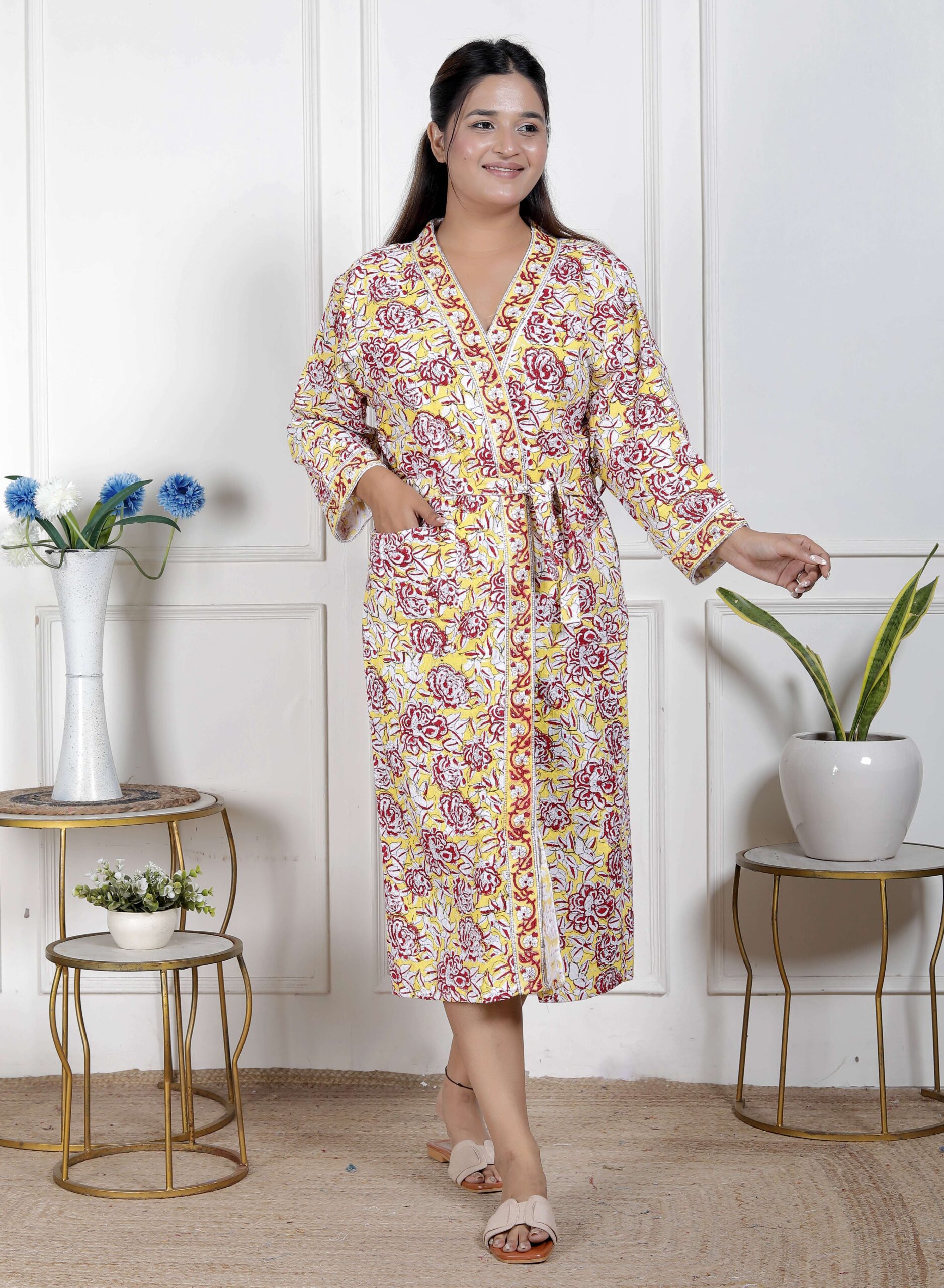 Handcrafted Cotton Block Printed Long Robe | Comfortable Loungewear & Bathrobe for Women