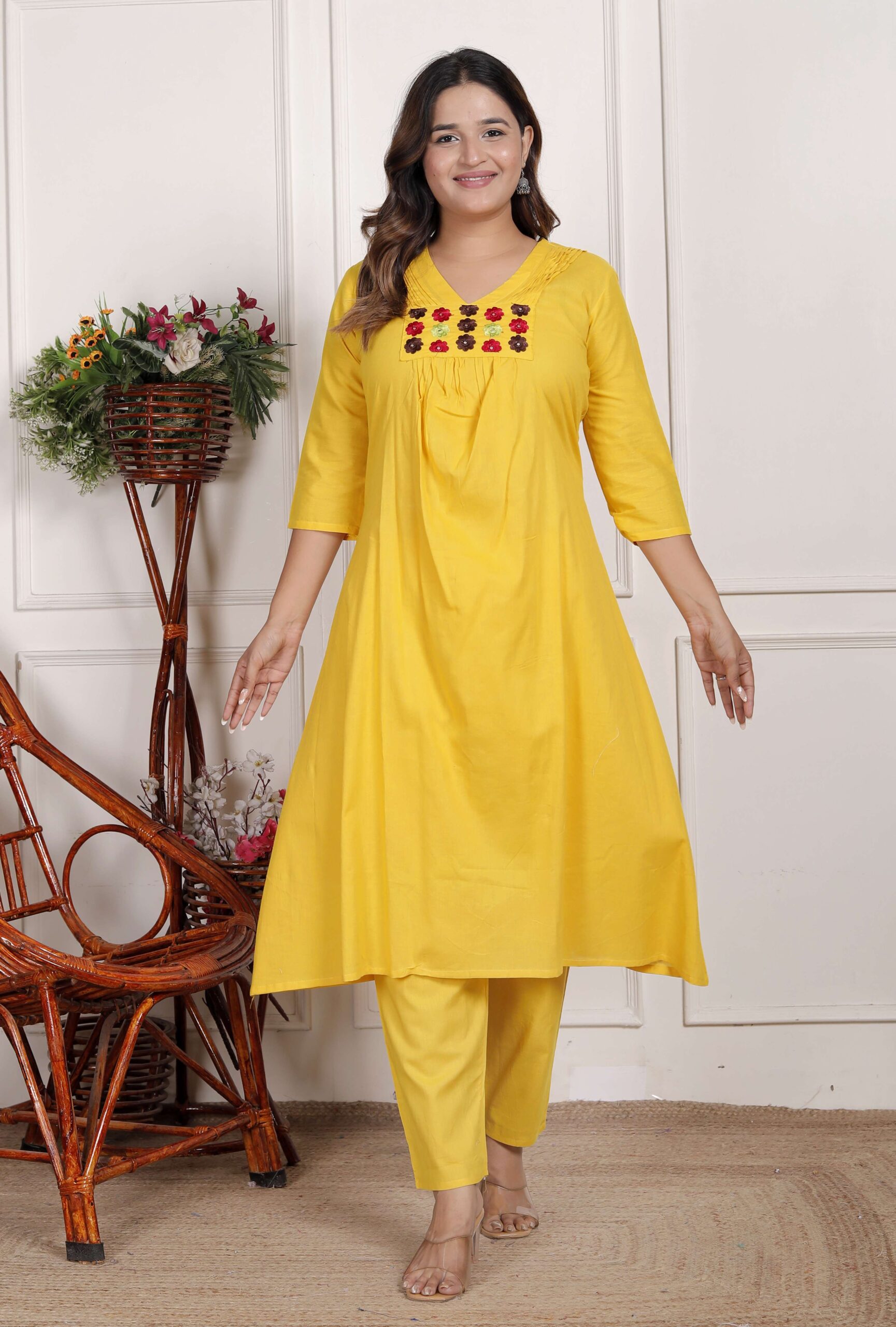 Women’s Cotton Embroidered Anarkali Kurti With Pant (Yellow)