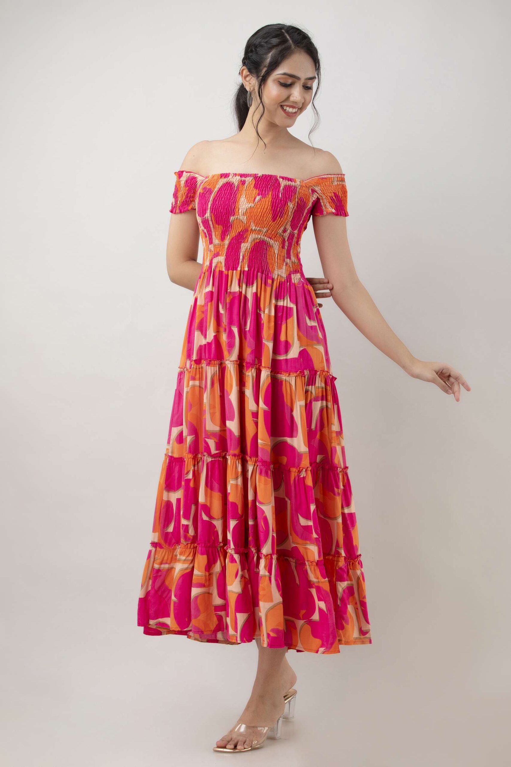 Women’s Viscos Rayon Printed Off Shoulder Midi Dress For Summer And Casual Wear (Pink Strip) - Image 4
