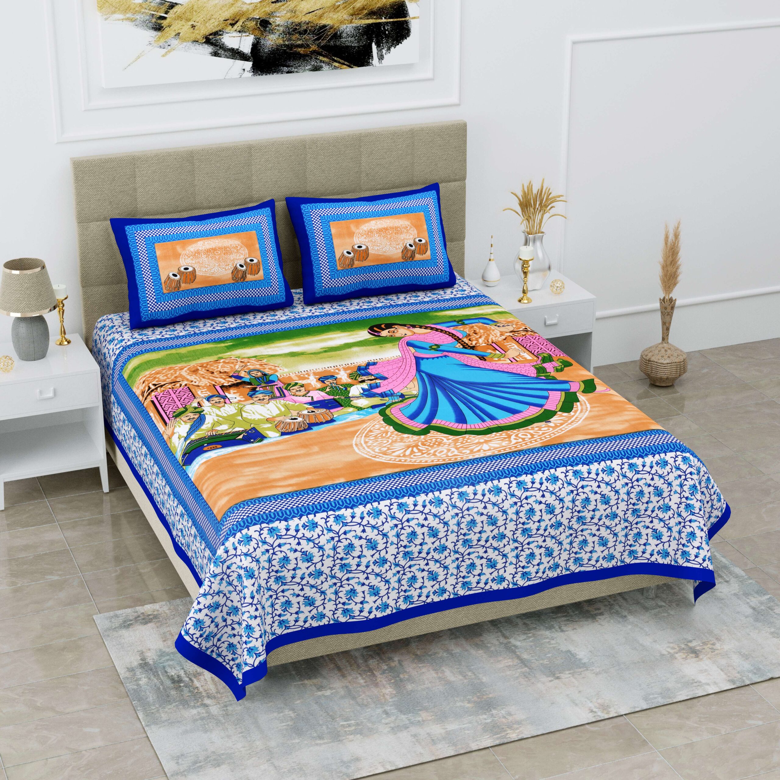Rajasthani Jaipuri-Stylish Cotton Queen Size Printed Bedsheet with two pillow covers.