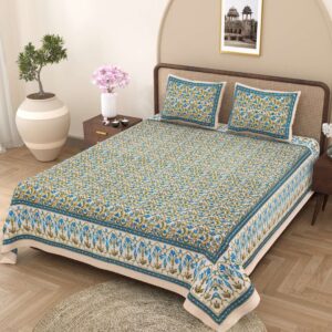 100% Pure Cotton Traditional Printed Bedsheet for Double Bed King Size Bedsheet with 2 Pillow Covers