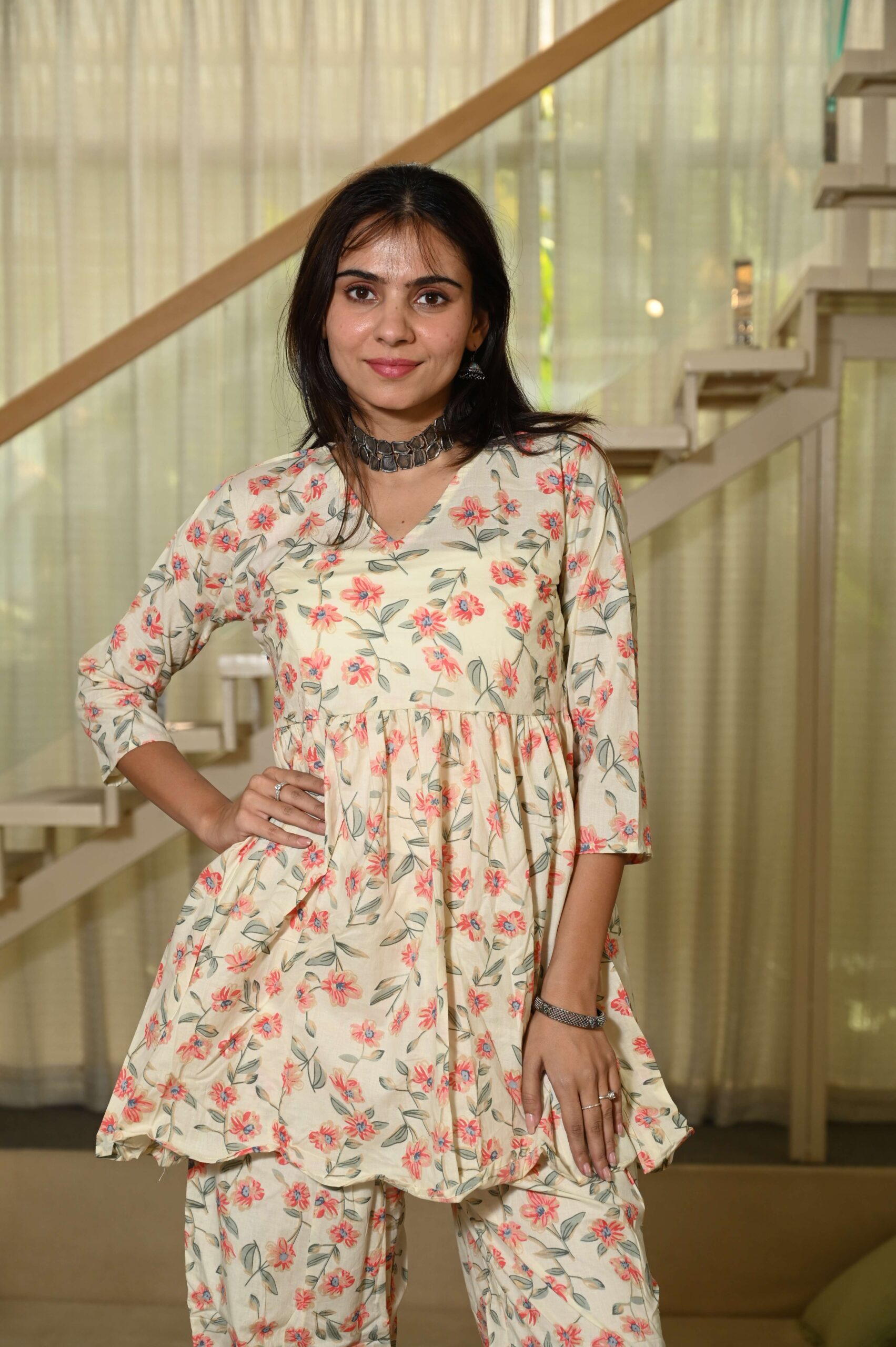 Off-White Floral Print Cotton Co-ord Set for Women ? Peplum Kurta & Straight Pants, Casual Ethnic Wear