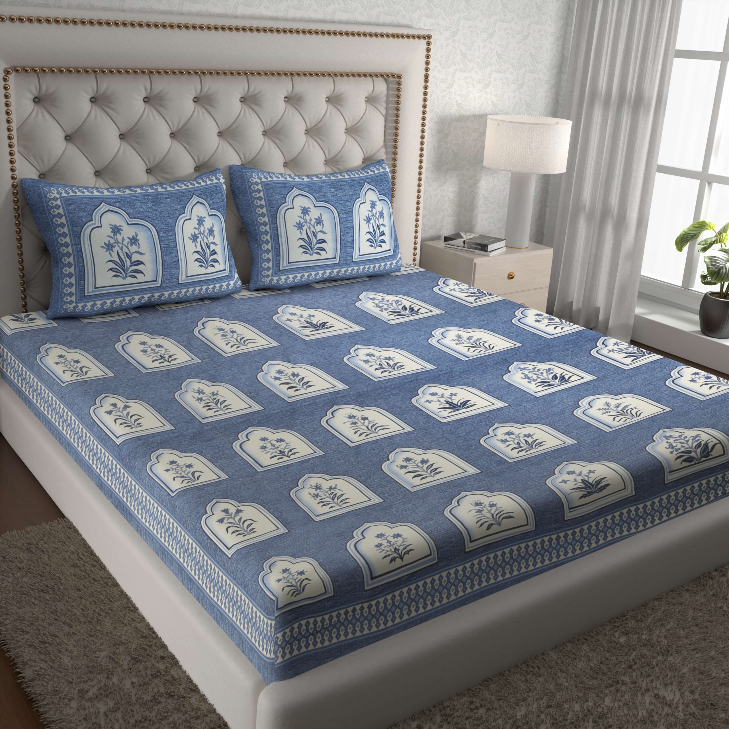 Royal Blue Jaipuri-Style Floral Printed Double Bedsheet With Two Matching Pillow Covers - Image 2