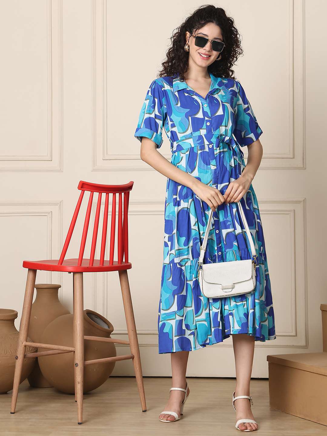 Women’s Cotton Printed A-Line Midi Dress | Short Sleeve Flared Gown Dress (Navy Blue)