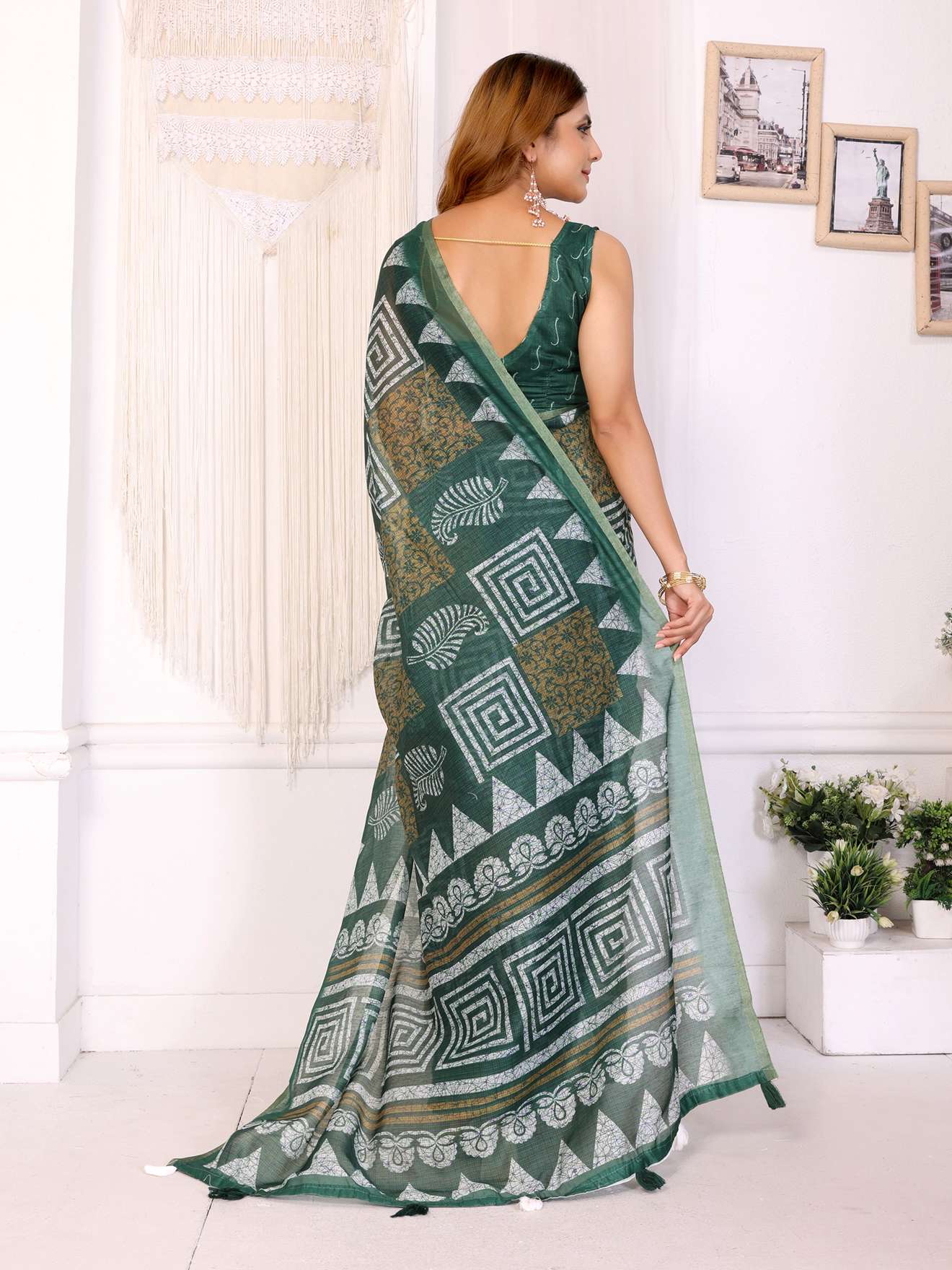 Stylish Bottle Green Chanderi Saree with Bold Geometric Digital Print ? Trendy & Elegant - Image 3
