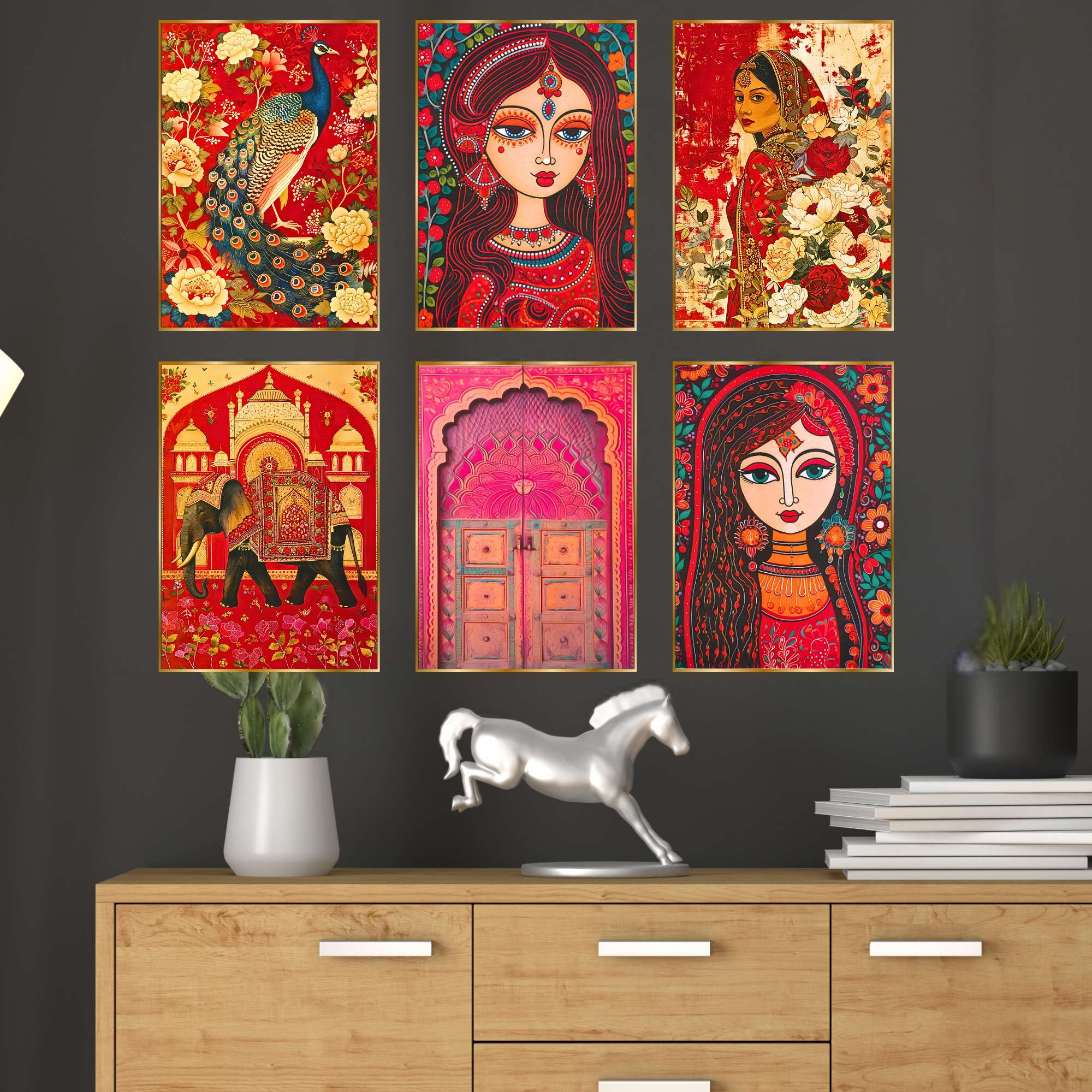Set of Six Wall Paintings for Wall Dacoration Golden Framed Wall Paintings for Living Room & Bedroom Wall Art for Home Decora