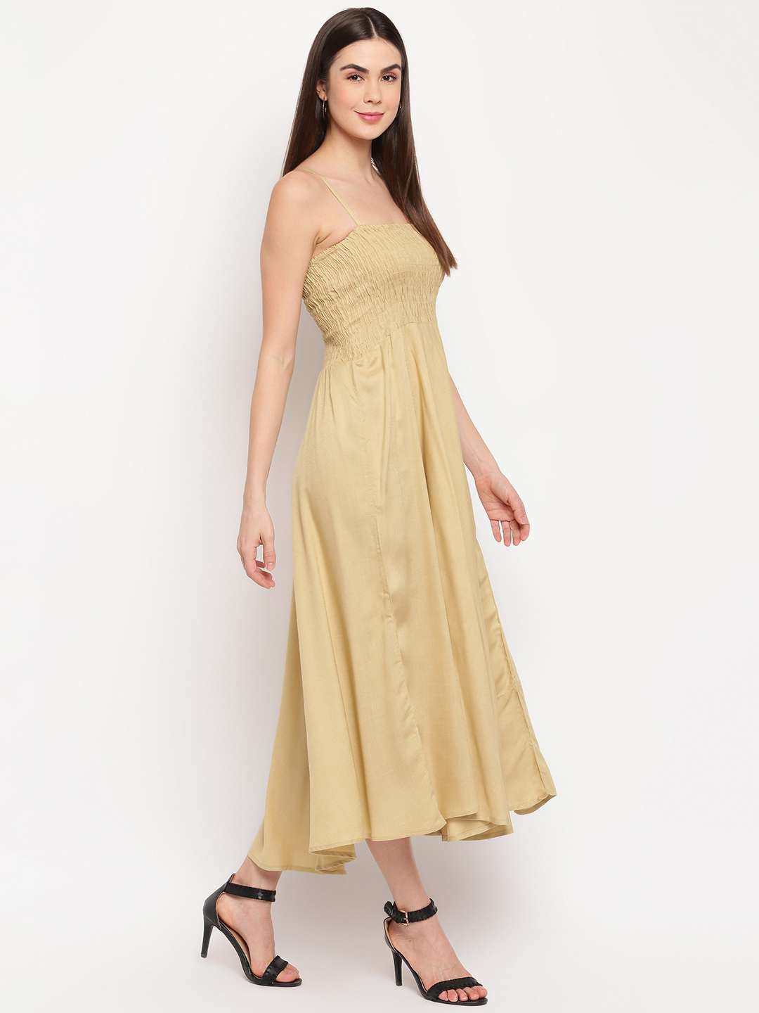 Women’s Viscose Rayon Solid Shoulder Straps Sleeveless Flared Gown Drees (Beige) - Image 2