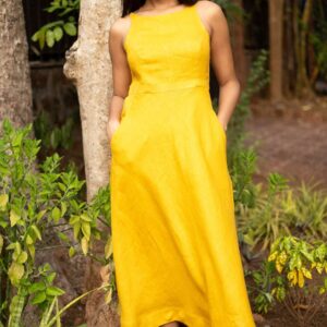 Women's Cotton Solid Pain Sleeveless Cutaway Midi Dress Midi Dress Stylish Western One Piece Casual Dress ( Yellow )