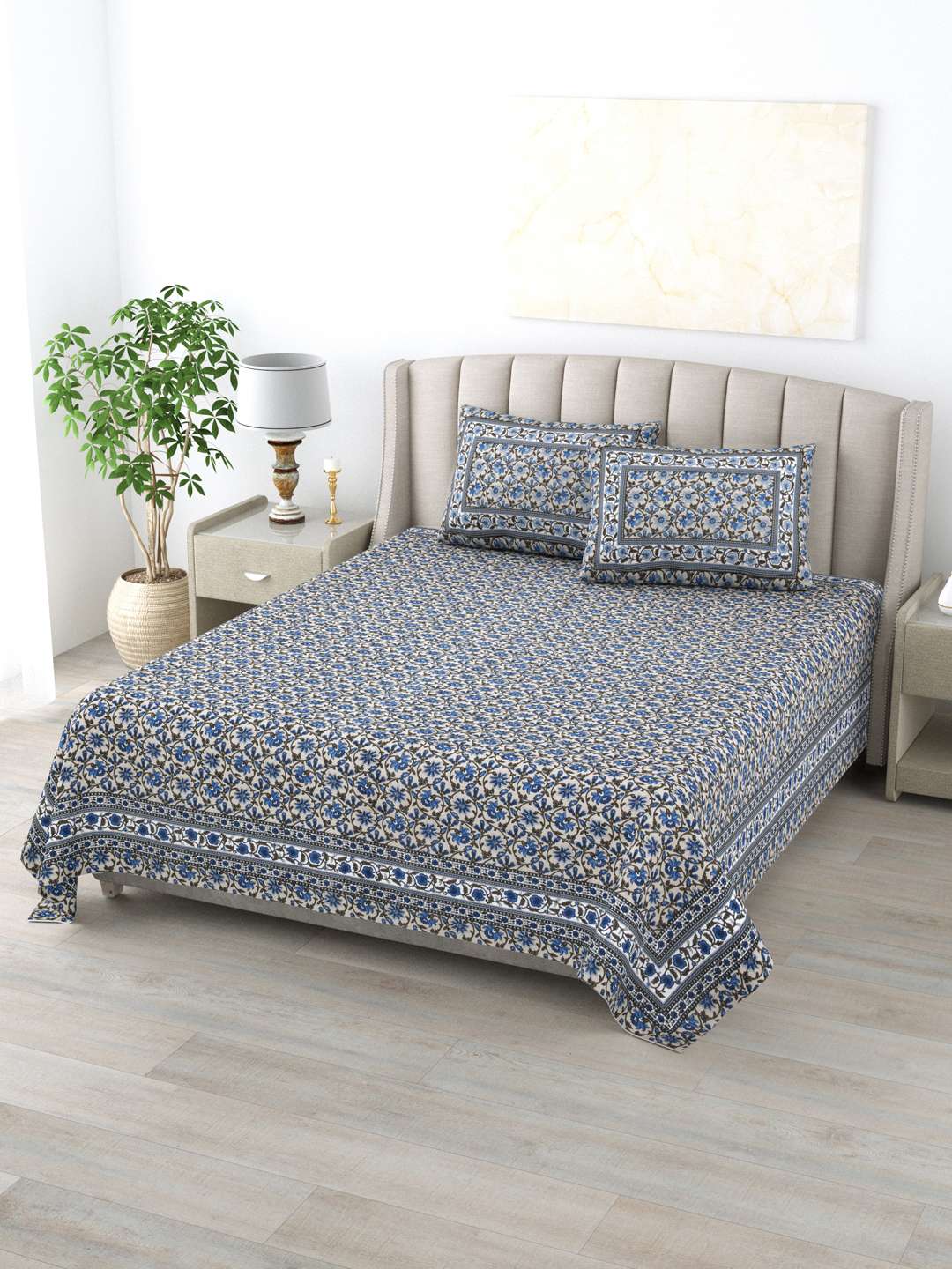 100% Pure Cotton Traditional Printed Bedsheet for Double Bed King Size Bedsheet with 2 Pillow Covers