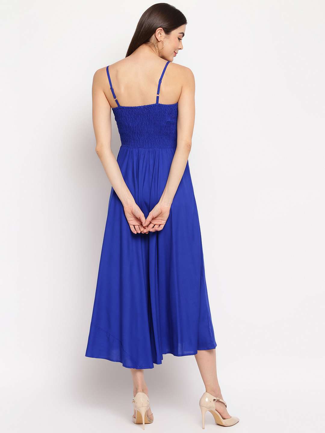 Women’s Viscose Rayon Solid Shoulder Straps Sleeveless Flared Gown Drees (Royal Blue) - Image 3