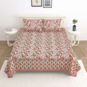 100% Pure Cotton Traditional Printed Bedsheet for Double Bed King Size Bedsheet with 2 Pillow Covers
