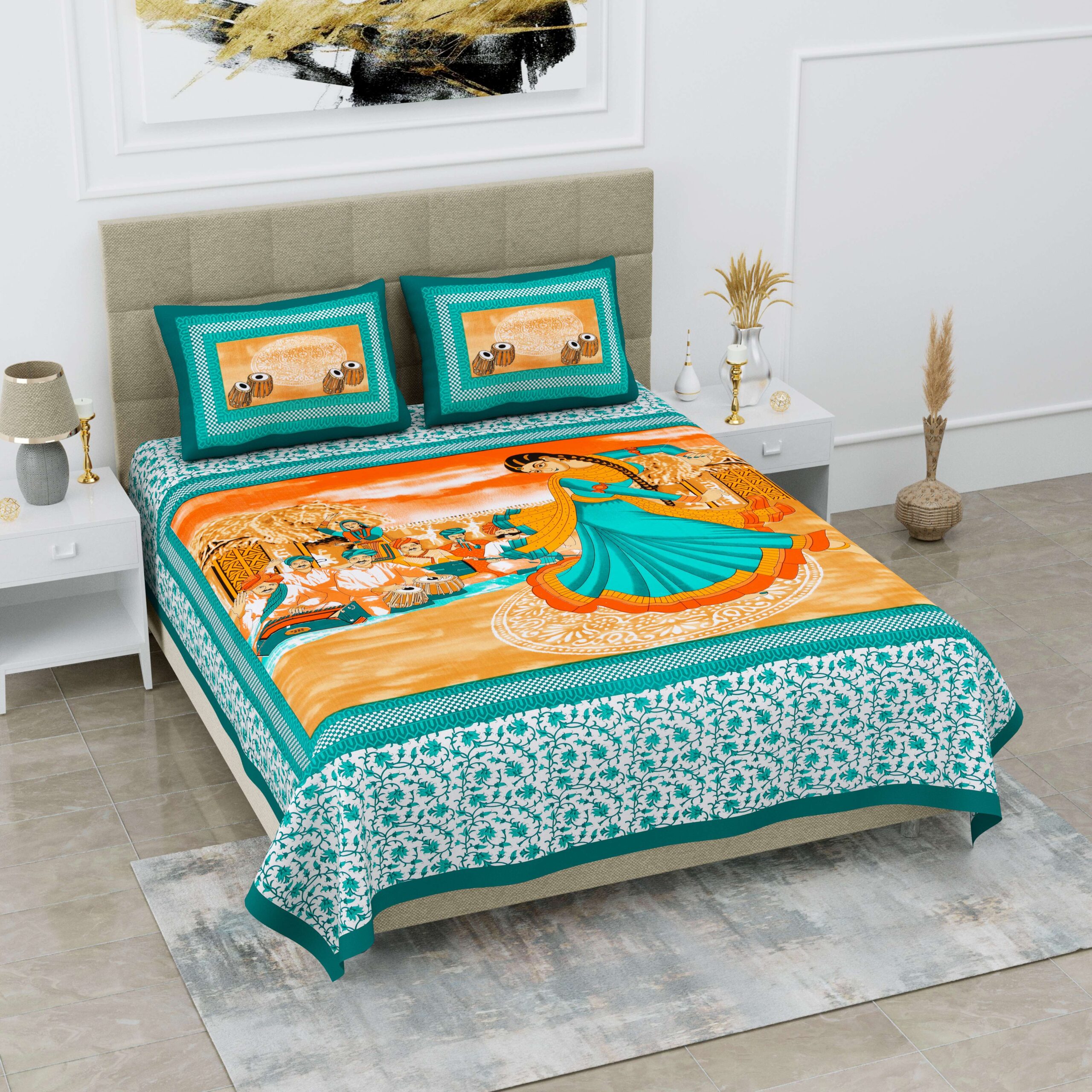 Rajasthani Jaipuri-Stylish Cotton Queen Size Printed Bedsheet with two pillow covers.